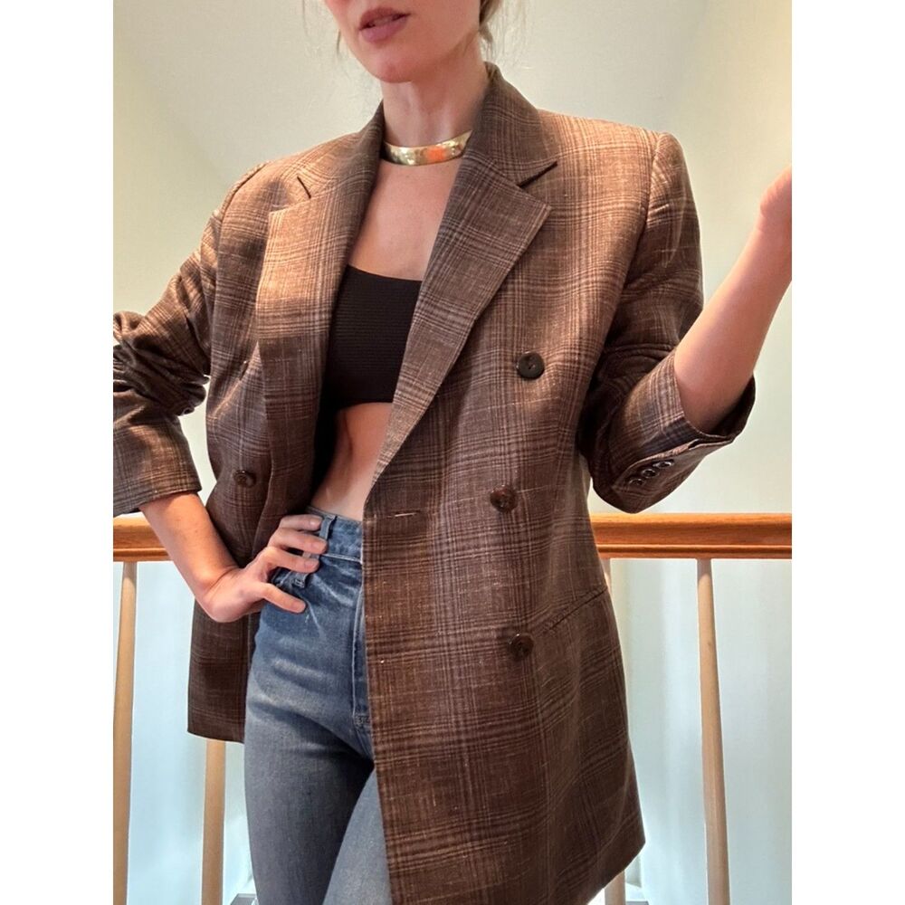 Fit Wel Brown Plaid Double Breasted Boyfriend Blazer Lora Piana Wool Linen Silk